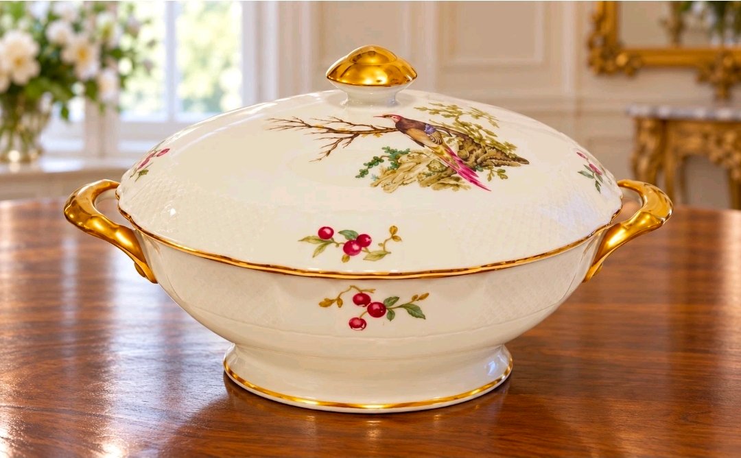 Covered tureen with painted bird and cherries