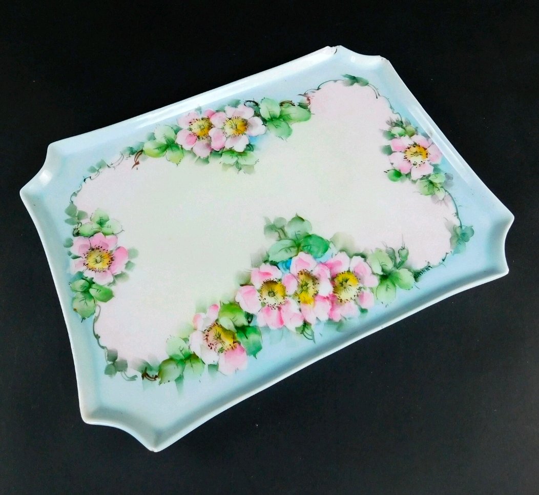 Hand-painted wild rose porcelain dresser tray