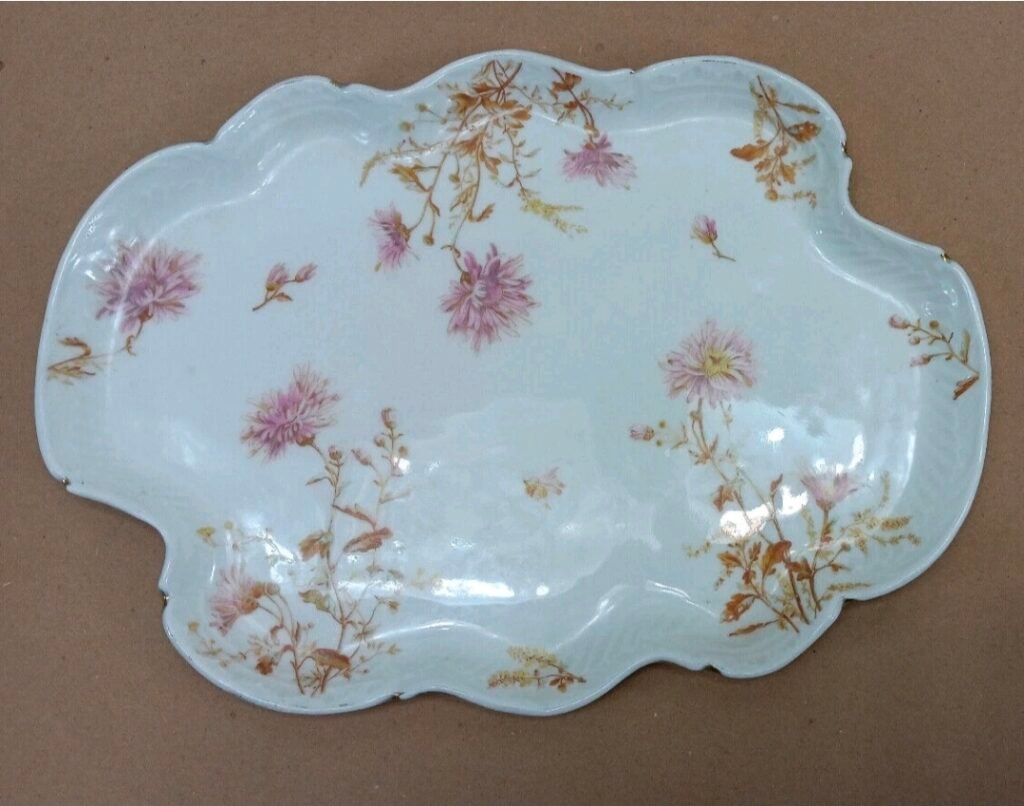 Large scalloped porcelain tray with pink chrysanthemums and golden grasses