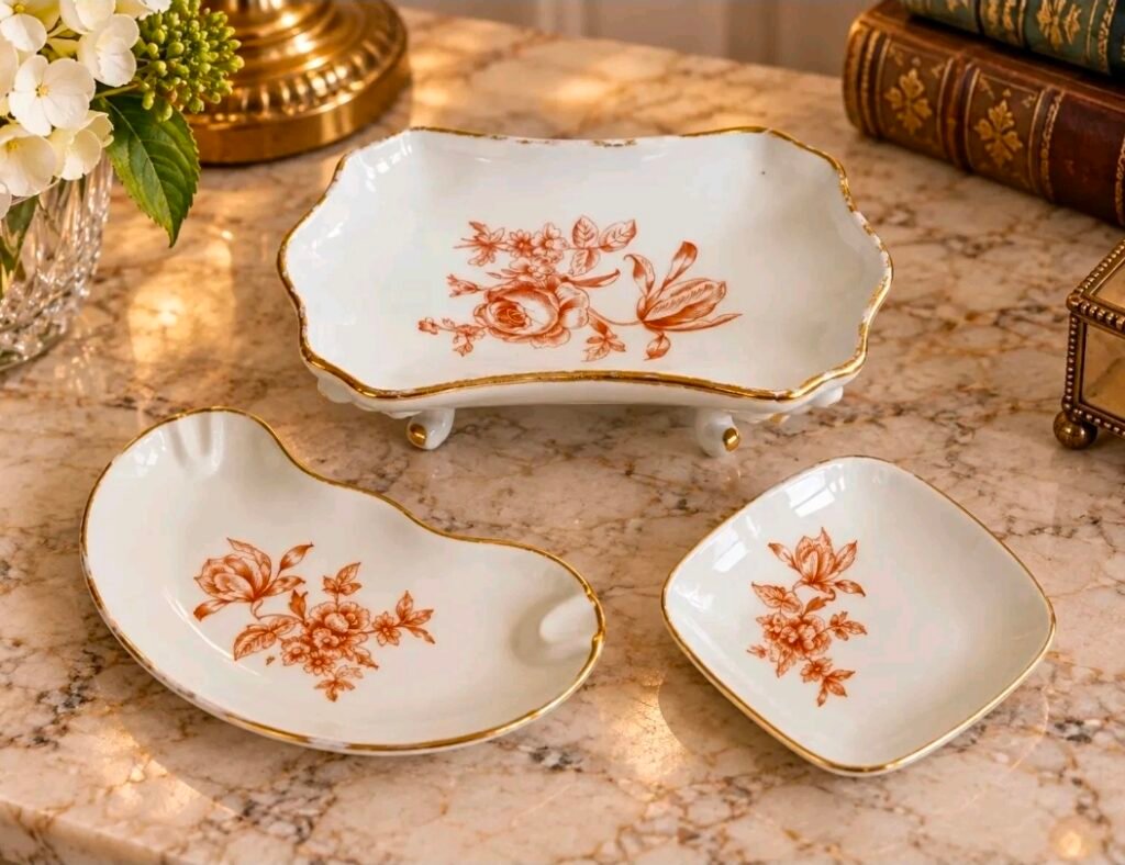 Three white porcelain trays with gold rims and russet floral decoration, one on gilt feet